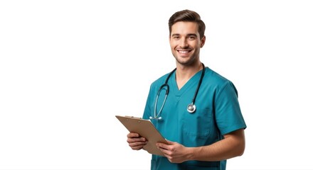 Young medical doctor, dressed in teal scrubs and stethoscope, smiles reassuringly while holding a clipboard for patient consultation and health data