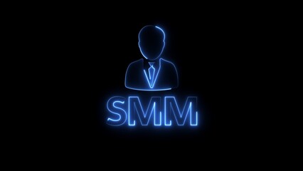 Neon blue SM text and businessman icon on black background social media marketing