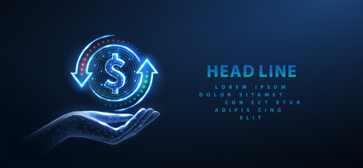 Coin with a dollar sign and two arrows rotating around it on hand. Bank transfer, currency exchange, stock investment, cashback rewards, revenue generation, stock market, money transfer concept.

