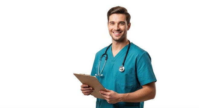 Young medical doctor, dressed in teal scrubs and stethoscope, smiles reassuringly while holding a clipboard for patient consultation and health data - Powered by Adobe