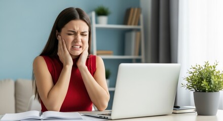 Young woman in red top experiences acute toothache or jaw pain, clutching her face in discomfort while working on her laptop from home