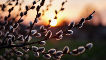 Fototapeta premium Pussy willow branches with soft catkins silhouetted against a warm spring sunset.