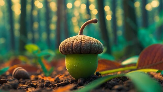 Detailed close-up of a vibrant green acorn with a textured brown cap resting on the forest floor surrounded by dew-kissed leaves and soft natural light filtering through trees in an enchanting