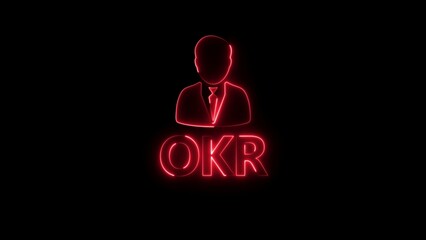 Red neon outline of a person in a suit above the letters OKR on a black background objectives results