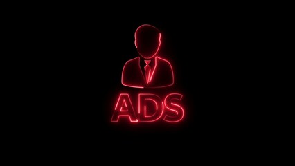 Red neon outline of a person in a suit with the word ADS below on a black background silhouette