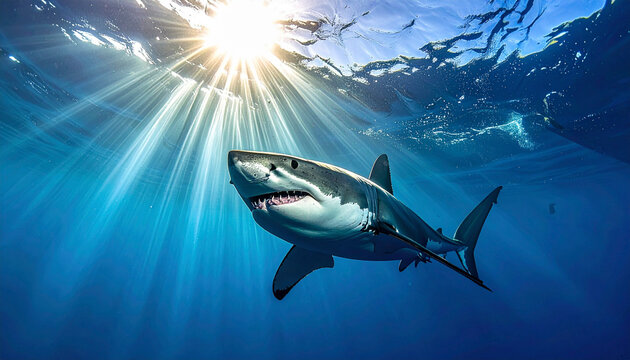 Great white shark swimming underwater with sunlight