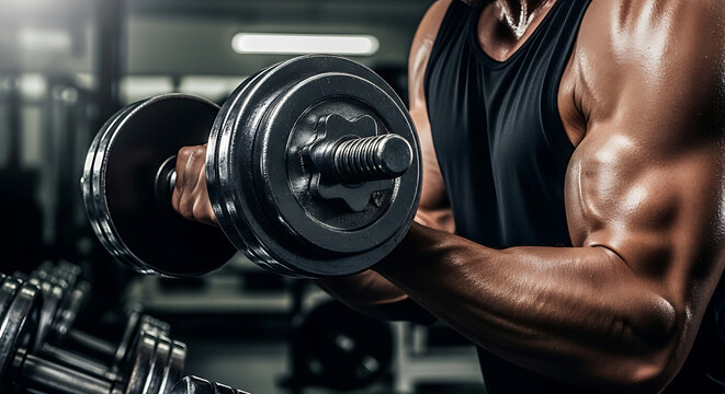 Bodybuilder demonstrating bicep curls at the gym, showcasing muscular strength and determination