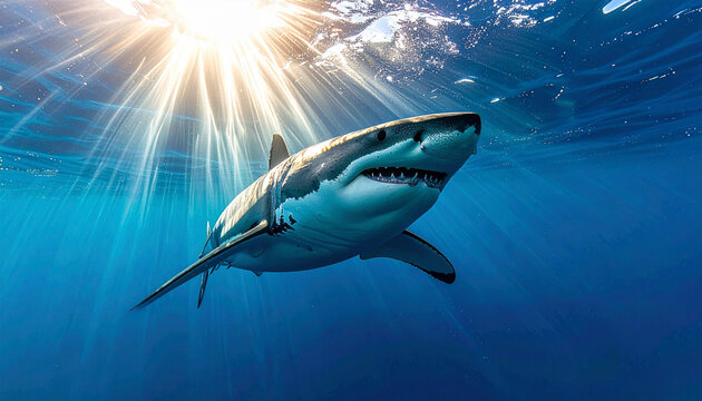 Great white shark swimming underwater with sunlight