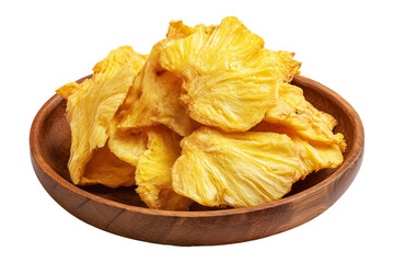 Fiji takeaway and street foods fried breadfruit chips rustic alternative to potato chips in wooden bowl isolated on white transparent background.