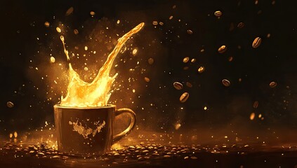 Golden coffee splash erupting from a black cup with dramatic lighting and flying coffee beans