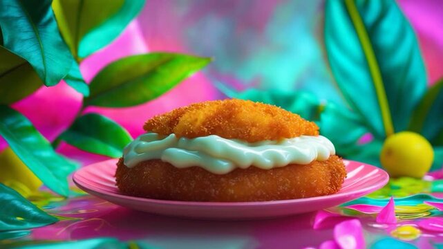 Close-up of a vibrant bread roll topped with creamy sauce surrounded by colorful tropical leaves and flowers featuring bright pink and green hues showcasing a textured surface and soft lighting for a