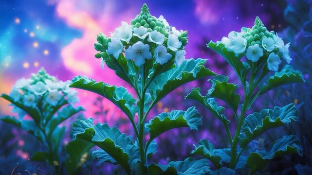 Close-up of vibrant green plants with round white flowers blooming under soft natural light set against a colorful blurred background of purple and blue hues highlighting lush leaves and intricate