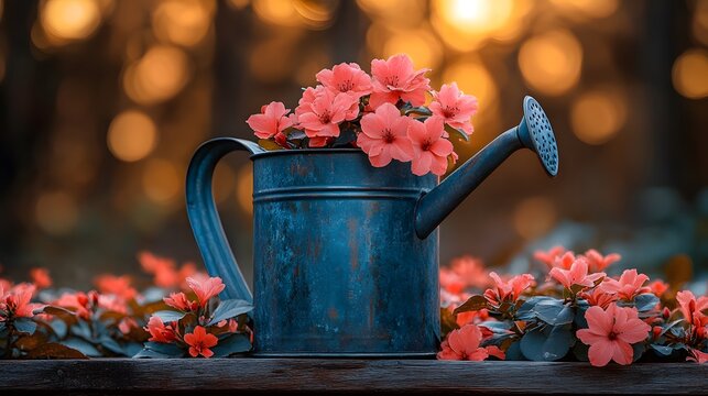 Colorful flowers bloom in a vintage watering can during sunset in a serene garden setting