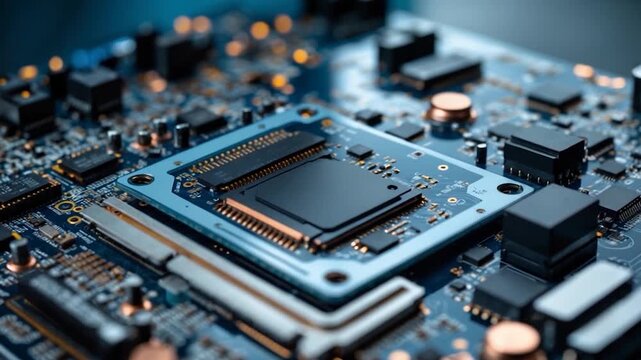 Close-up view of a detailed electronic circuit board showcasing a prominent central microchip surrounded by smaller components with a soft blue illumination highlighting metallic textures and