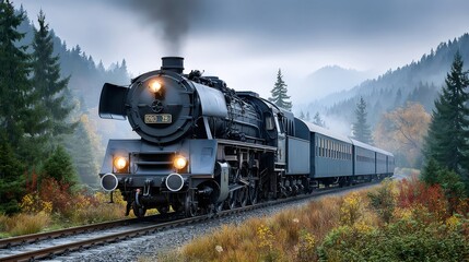Steam train traveling through mountain forest in autumn