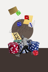 Collage of casino addiction theme with cards dice chips poker roulette blackjack representing...