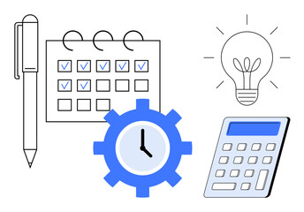 Pen, calendar with checkmarks, clock in a gear, light bulb, and calculator. Ideal for productivity, planning, innovation efficiency time management business education. Simple flat metaphor