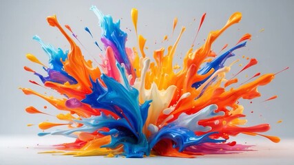 Vibrant explosion of colorful paint splashes in a dynamic display of movement featuring bright blue orange pink yellow and white colors merging against a smooth gray background with a glossy finish - Powered by Adobe