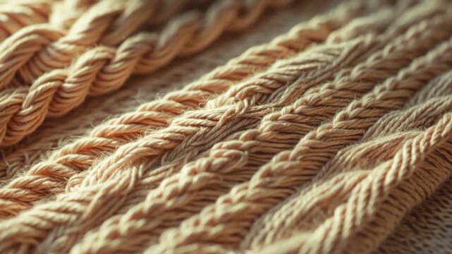 Close-up view of intricately woven beige ropes showcasing soft textures and patterns illuminated by warm natural light set against a subtle textured background creating an artistically composed