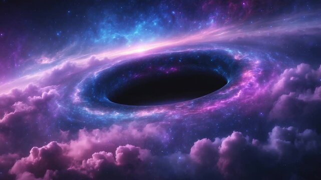 Vivid cosmic scene showcasing a dark void in space surrounded by swirling clouds of purple and blue nebula featuring a shift in perspective from the initial view to the close-up of the void with