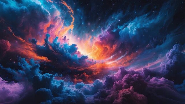 Vibrant cosmic nebula with swirling clouds of deep blue and bright orange hues illuminated by distant stars showcasing the dynamic movement and transformation of celestial elements in a vast space