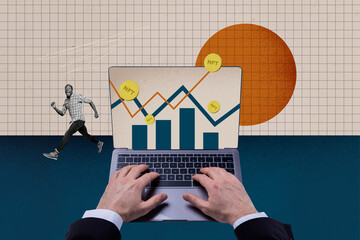 Collage depicting nft trading success and digital freelance income in a modern economic business online concept
