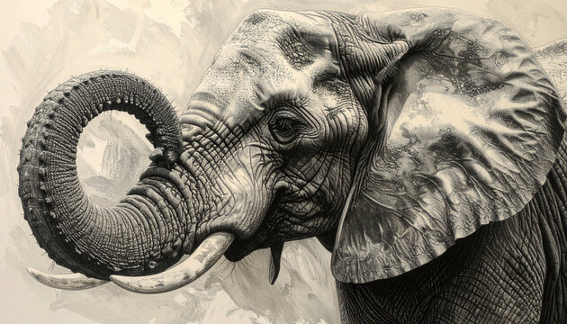 Realistic drawing of an elephant in grayscale