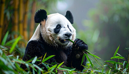 Panda eating bamboo in a lush green environment