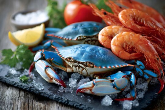 Fresh blue crabs and shrimp on ice with lemon