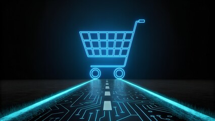 Shopping cart neon glow on circuit board road symbolizes online retail success, e-commerce solutions, and modern purchasing trends in vibrant blue light