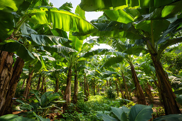 Lush tropical banana trees densely filling a vibrant garden and park landscape, bursting with rich green foliage.