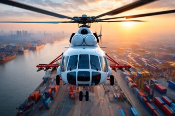 Helicopter flying over busy cargo port at sunset
