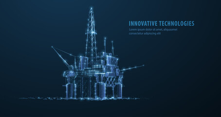 Oil rig. Abstract 3d floating rig platform isolated on blue. Gas platform, offshore drilling, refinery plant, petroleum industry, energy resource, innovation well drilling, oilfield equipment concept

