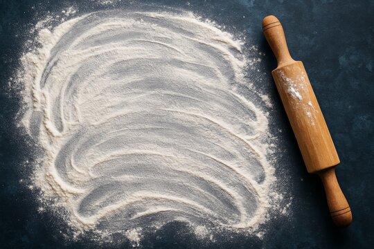 Wooden rolling pin on dark surface next to scattered flour swirls representing baking preparation concept in rustic kitchen setting. Ai generative. Ai generative