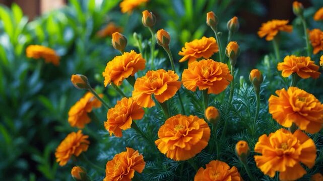Lush garden scene featuring vibrant orange marigold flowers in various stages of bloom surrounded by green foliage captured in natural daylight with soft lighting highlighting textures and colors