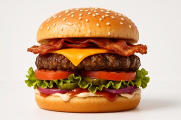 Delicious bacon cheeseburger with fresh ingredients on sesame bun isolated on white background, showcasing gourmet fast food concept in close-up shot. Ai generative