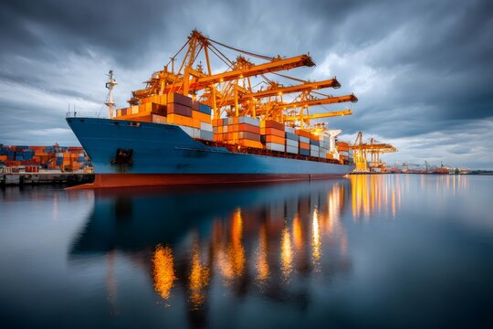 Container ship at port with cargo cranes during industrial dawn - Powered by Adobe