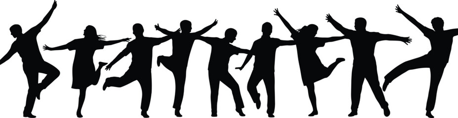 Dynamic group silhouettes jumping and dancing in celebration, energetic people expressing joy, teamwork, unity, freedom, happy motion scene for creative design and advertising projects