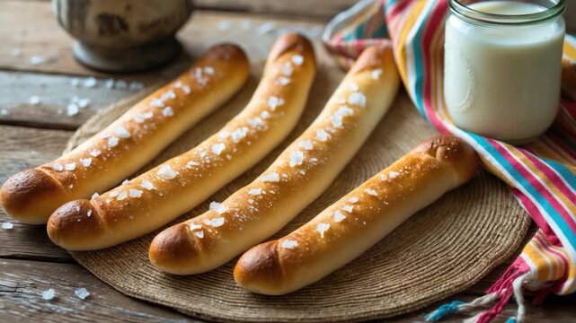 Freshly baked golden breadsticks with flaky sea salt arranged on a rustic woven mat beside a jar of milk vibrant fabric draped nearby showcased in soft natural light with a cozy wooden table backdrop.