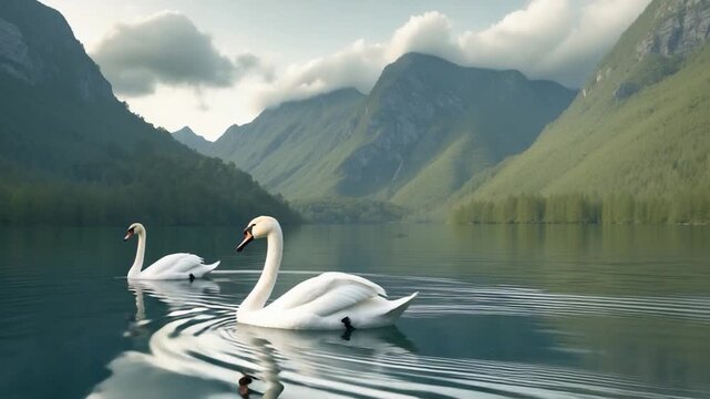 Two elegant white swans gracefully gliding across a serene turquoise lake surrounded by majestic mountains and lush greenery under soft natural light with gentle ripples on the water's surface and a
