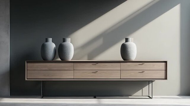 Modern wooden sideboard with smooth surface and minimalist design featuring three textured gray vases set against a soft gray wall with dynamic shadows created by natural light