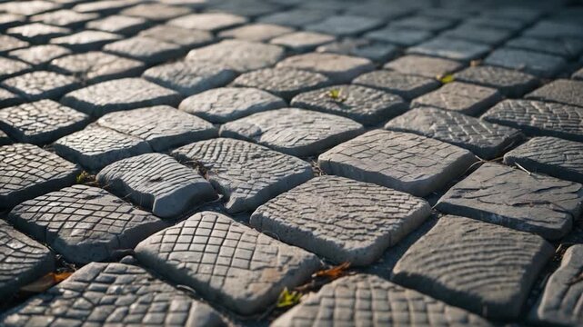 Close-up view of textured cobblestone pavement featuring uneven weathered stones with patterns under soft natural light highlighting earthy tones and scattered autumn leaves transitioning through