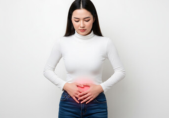 Asian Woman Holding Stomach in Pain – Gastritis, IBS, and Digestive Disorder Symptoms in Healthcare Concept