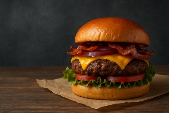 Juicy cheeseburger with crispy bacon, lettuce, tomato, onions in a glossy bun on paper over wooden table against dark background. Ai generative. Ai generative - Powered by Adobe