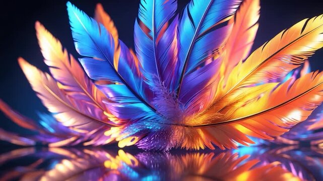 Vibrant display of colorful feathers in shades of blue purple and orange softly illuminated against a dark reflective surface creating mesmerizing flowing patterns and textures throughout the