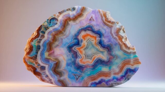 Vibrant display of polished agate stone showcasing vivid swirling patterns in rich orange blue and purple hues illuminated by soft diffused lighting against a serene backdrop emphasizing its smooth