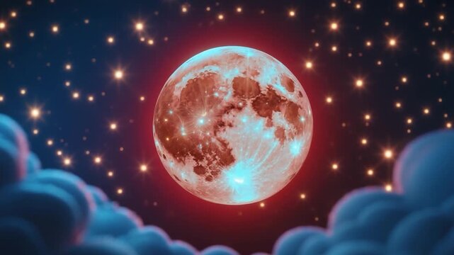 Stunning close-up view of a large full moon glowing in a night sky filled with twinkling stars framed by soft clouds gradually changing colors with vibrant highlights radiating around the moon.