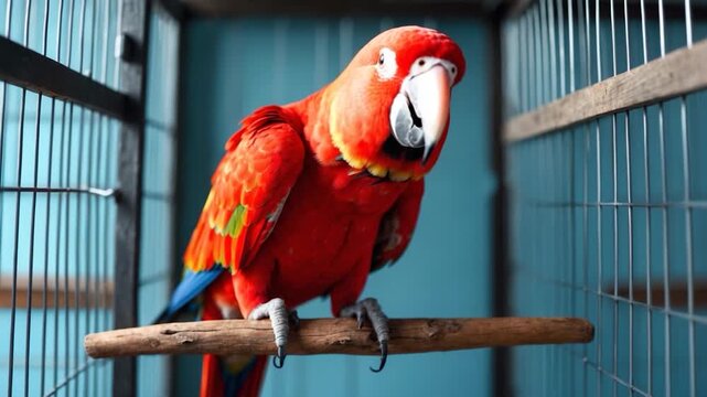 Vibrant red parrot perched on a wooden branch inside a metal cage showcasing detailed feathers with green and blue accents captured in soft natural light against a clean blue background displaying