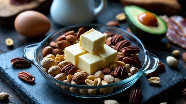 Close-up of butter cubes arranged on a glass dish surrounded by a variety of nuts including pecans and peanuts with an avocado and egg in a rustic kitchen setting featuring warm natural light and