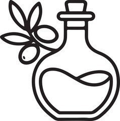 Olive oil bottle with a cork stopper next to an olive branch featuring three fresh olives